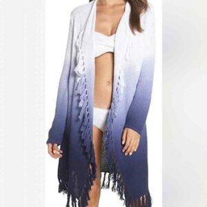 TOMMY BAHAMA White/Blue Ombrè Crochet Knit Open-front Sweater with Fringe Detail